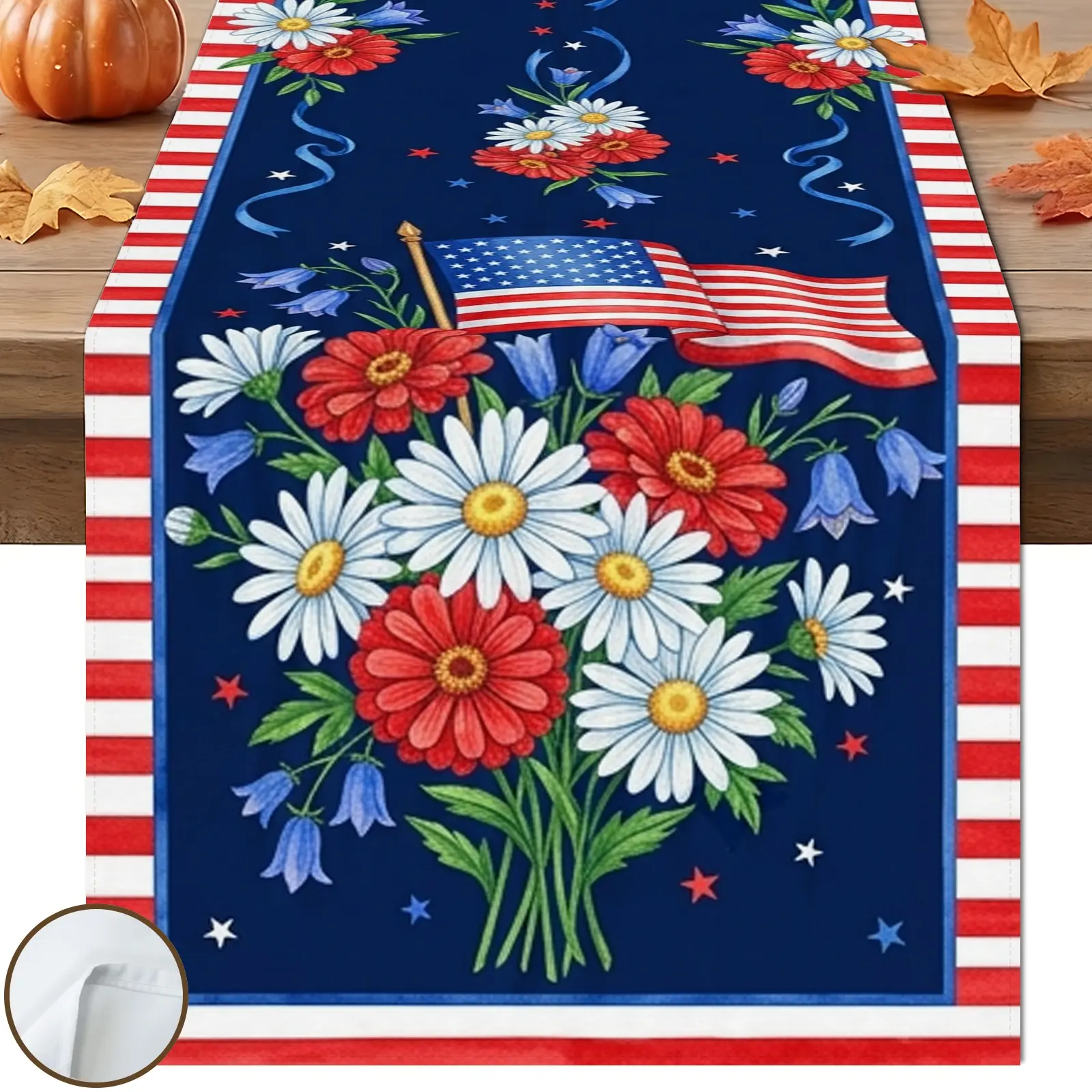 1pc American Flag Floral Stars Table Runner, Rustic Americana Style, Red White and Blue Decorative Border, for Dining Table Kitchen Decor Home Decor Labor Day Decor