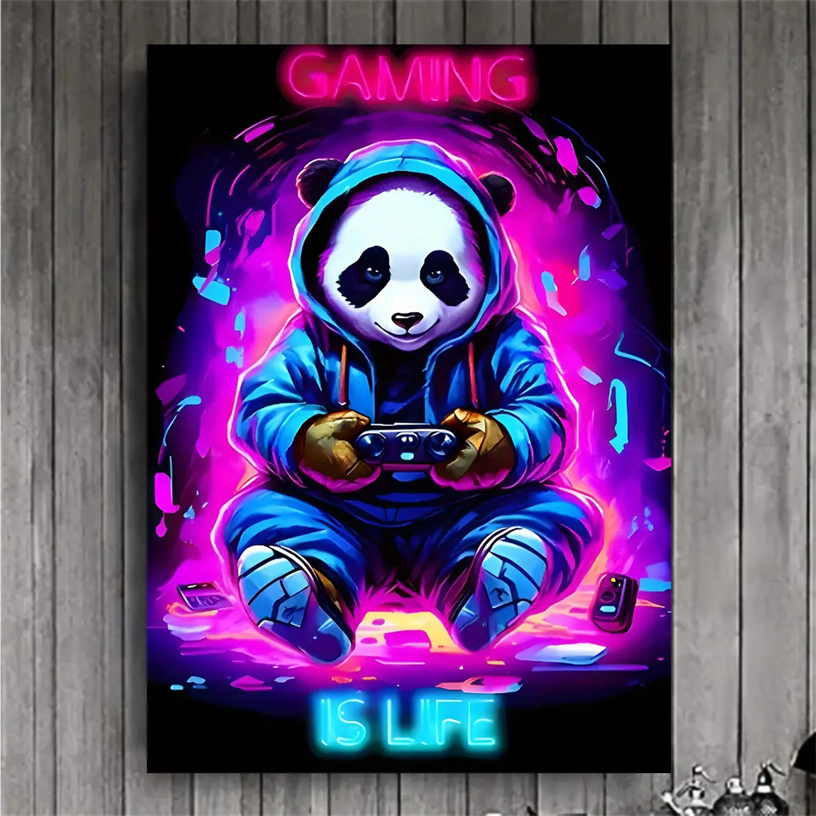 Panda Gaming Canvas Art - 30.48x45.72cm Waterproof & Fade-Resistant, Perfect for Game Room, Dorm, Living Room Decor |   Black Light Reactive Tapestry, Perfect for Room Decor