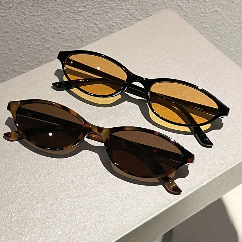 Unisex Narrow Frame Tortoise Shell Cat Eye Oval Sports Sunglasses, Plastic Lightweight Durable Frame, Brown Lens, Face Slimming, Retro 90s Streetwear Festival Wear for Driving, Universal Fit