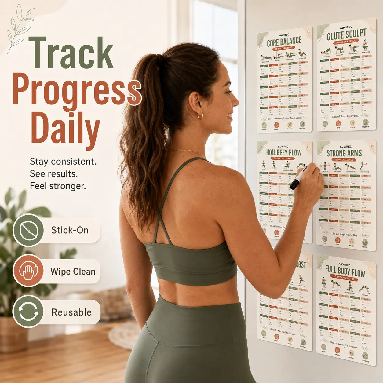 Auvirec 6-Piece Reusable Fitness Planner Set, 30-Day Home Workout Tracker, Pet Material, Includes Erasable Marker, Fits Smooth Surfaces