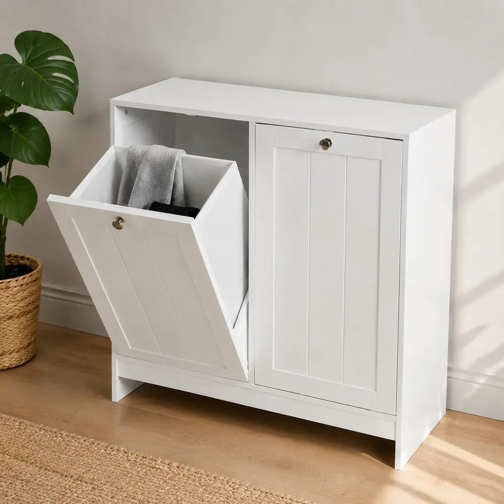 White Rectangular Engineered Wood Tiltable Door Laundry Hamper Cabinet - Freestanding Minimalist Decluttering Organizer, 2 Removable Baskets, Hidden Clothes Sorter, Compartment, Easy Install, 12.99W x 25.98D x 26.81H in Bathroom Storage Solution, Two Bask
