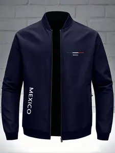 Men's Mexican Print Lapel Sport Jacket, Fitted Design, Zipper Closure, Spring & Fall Outerwear, Stylish and Versatile