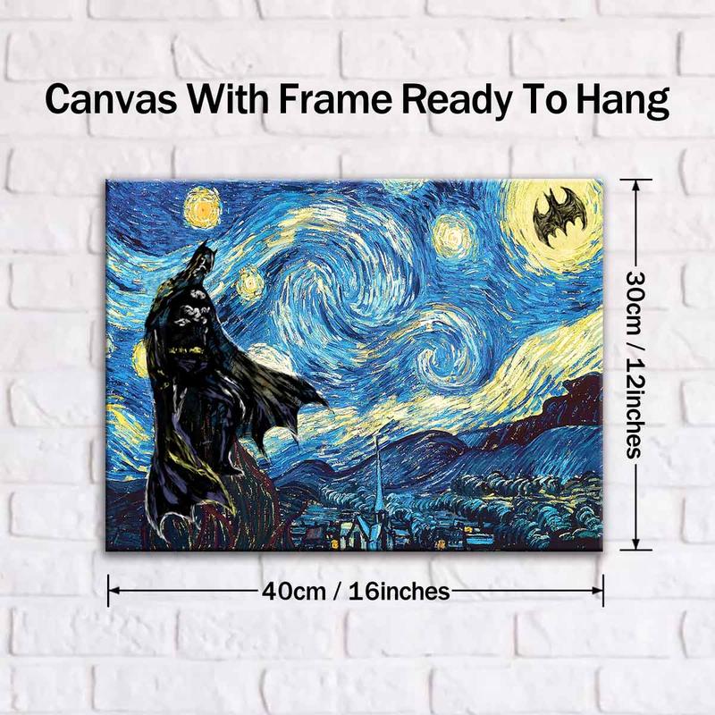 Van Gogh's Starry Sky Pattern Canvas Painting with Frame, Modern Art Bat Character Posters, Wall Art Decor for Home Living Room Bedroom Office, Halloween Van Gogh's Starry Sky Pattern Canvas Painting with Frame, Modern Art Bat Character Posters, Wall Art Decor for Home Living Room Bedroom Office, Halloween