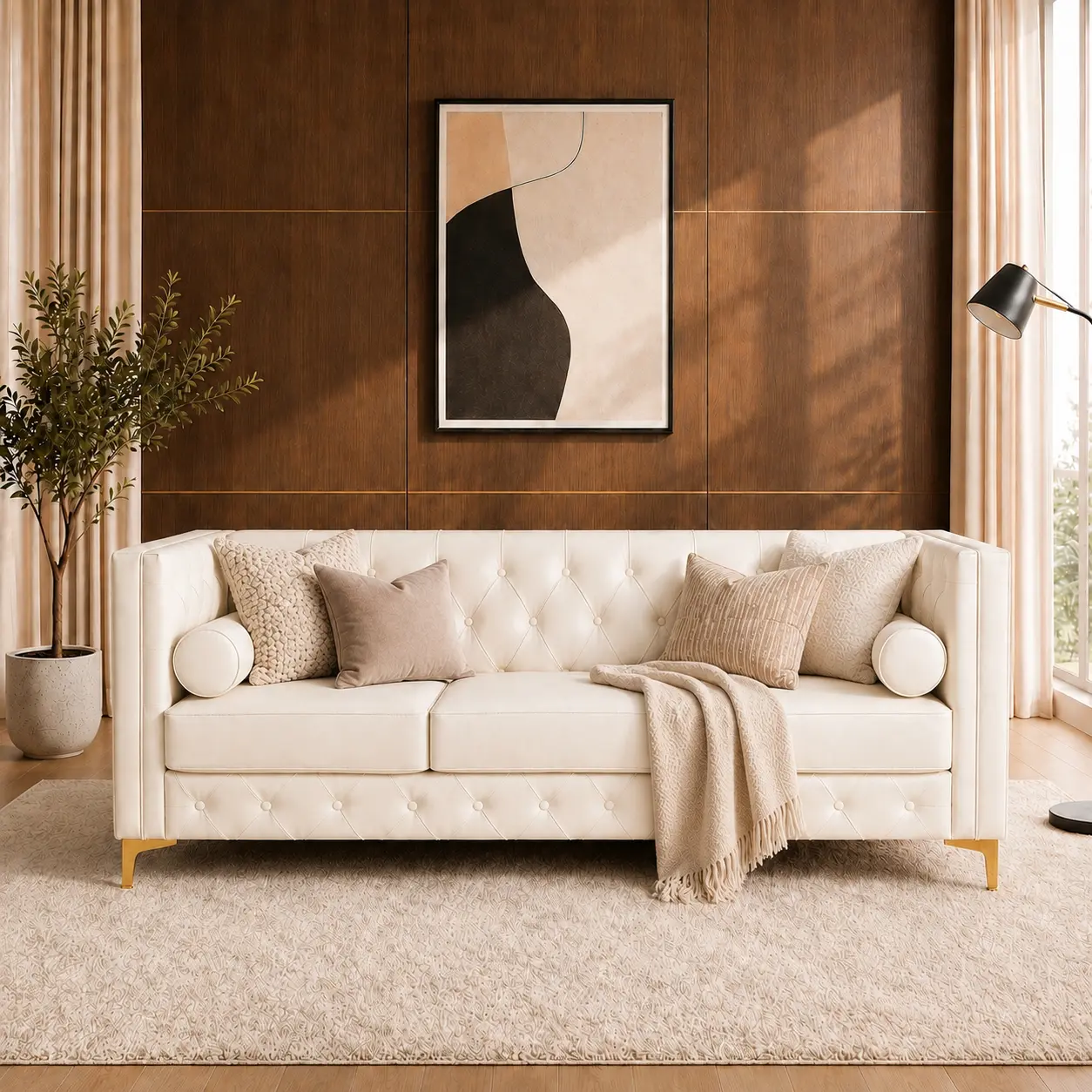 ARCH 78.5" Cream White Faux Leather Sofa Couch for Living Room, Luxury Button Tufted 3 Seater Sofa with Gold Metal Legs and Bolster Pillows, Modern Mid Century Couch for Apartment Bedroom Office, Cream White Color Options, Faux Leather Material