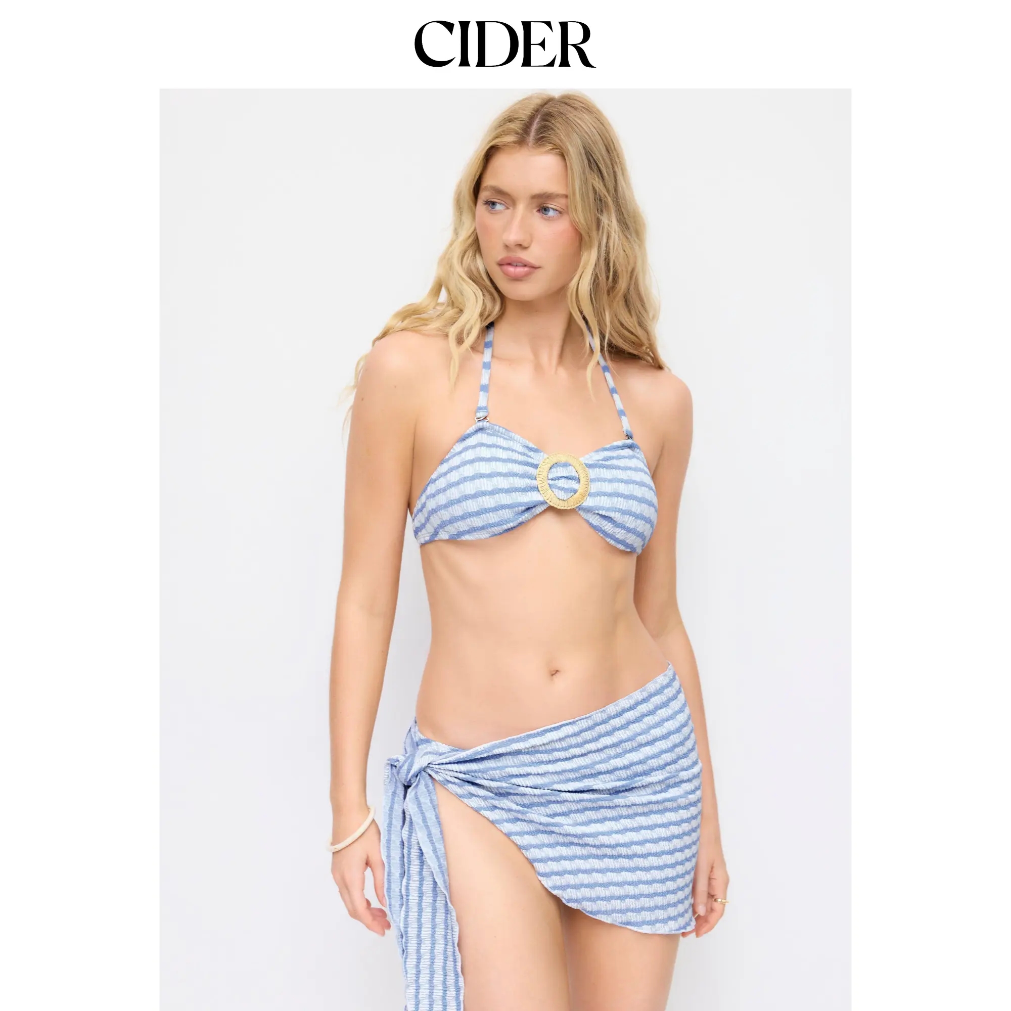 Cider Cotton-blend Halter Neckline Striped O-Ring Low Rise Cheeky Bikini Set With Sarong