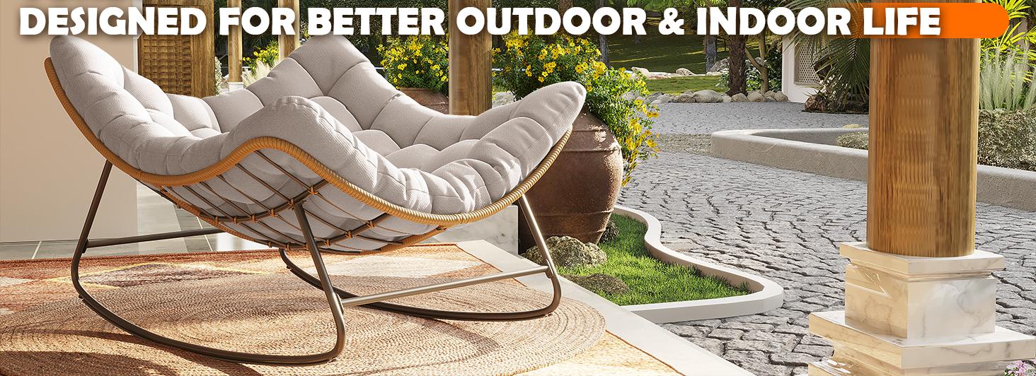 Amopatio Outdoor/Indoor Papasan Chair, Oversized Egg Rocking Chair with Thick Cushion for Bedroom/Livingroom,Folding Lounger for Patio/Garden/Backyard