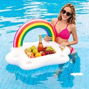 Inflatable Rainbow Cloud Drink Rack, Floating Bar, Rainbow Pool Floating Ice Bar, Thickened Leak-Proof Summer Floating Tray, Drink Floating Raft Suitable for Pool Parties and Entertainment