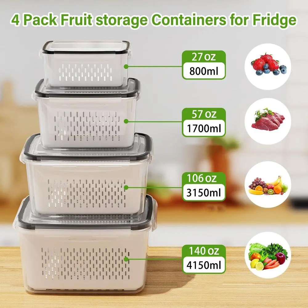2/4/6 Pack Stackable Fridge Organizer Bins, Sturdy Plastic Food Storage Containers with Double Layer Drain for Fresh Produce, Food Storage Boxes, Plastic Kitchen Storage