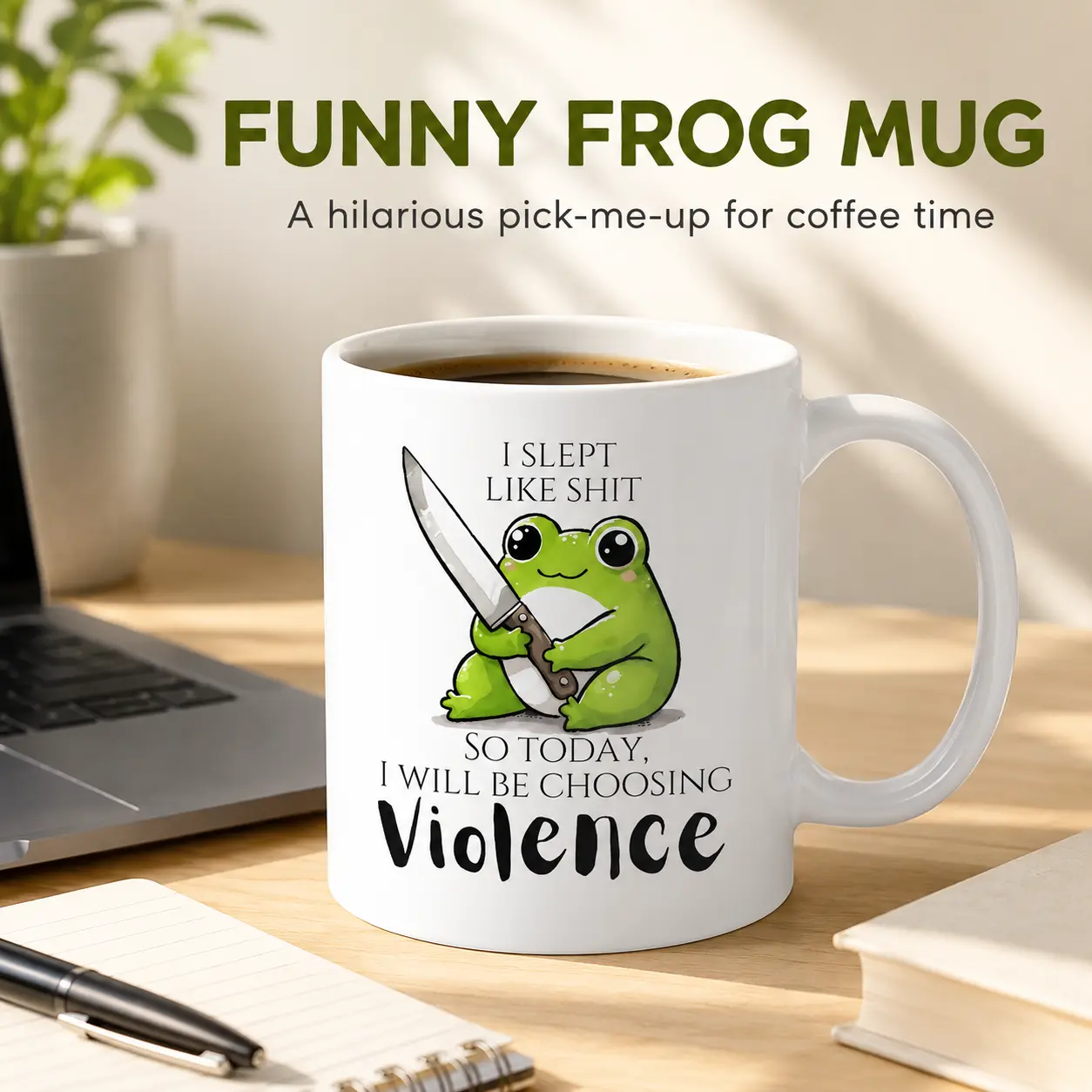 Funny Frog Coffee Mug 11oz, Sarcastic Meme Ceramic Coffee Cup with "I Slept Like Sh*t So Today I’m Choosing Violence" Quote, Dishwasher Safe Tea Cup, Gag Gift for Coworkers Friends Men Women, Home Office Birthday Gif