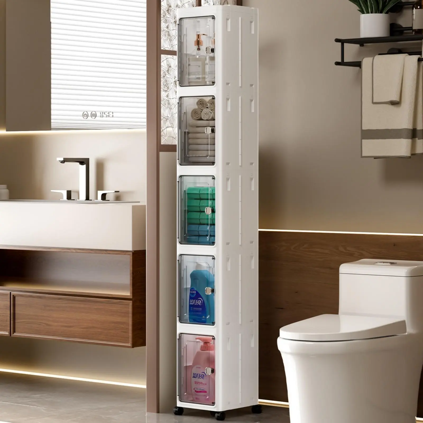 Nifogo 5-Tier Tall Narrow Storage Cabinet, Plastic Slim Storage Organizer with Doors and Adjustable Shelves, Wheels, Stackable & Collapsible Storage Cabinet for Small Spaces, Bathroom, Kitchen Cupboard, bathroom organizer,dealsforyoudays,#SummerWins