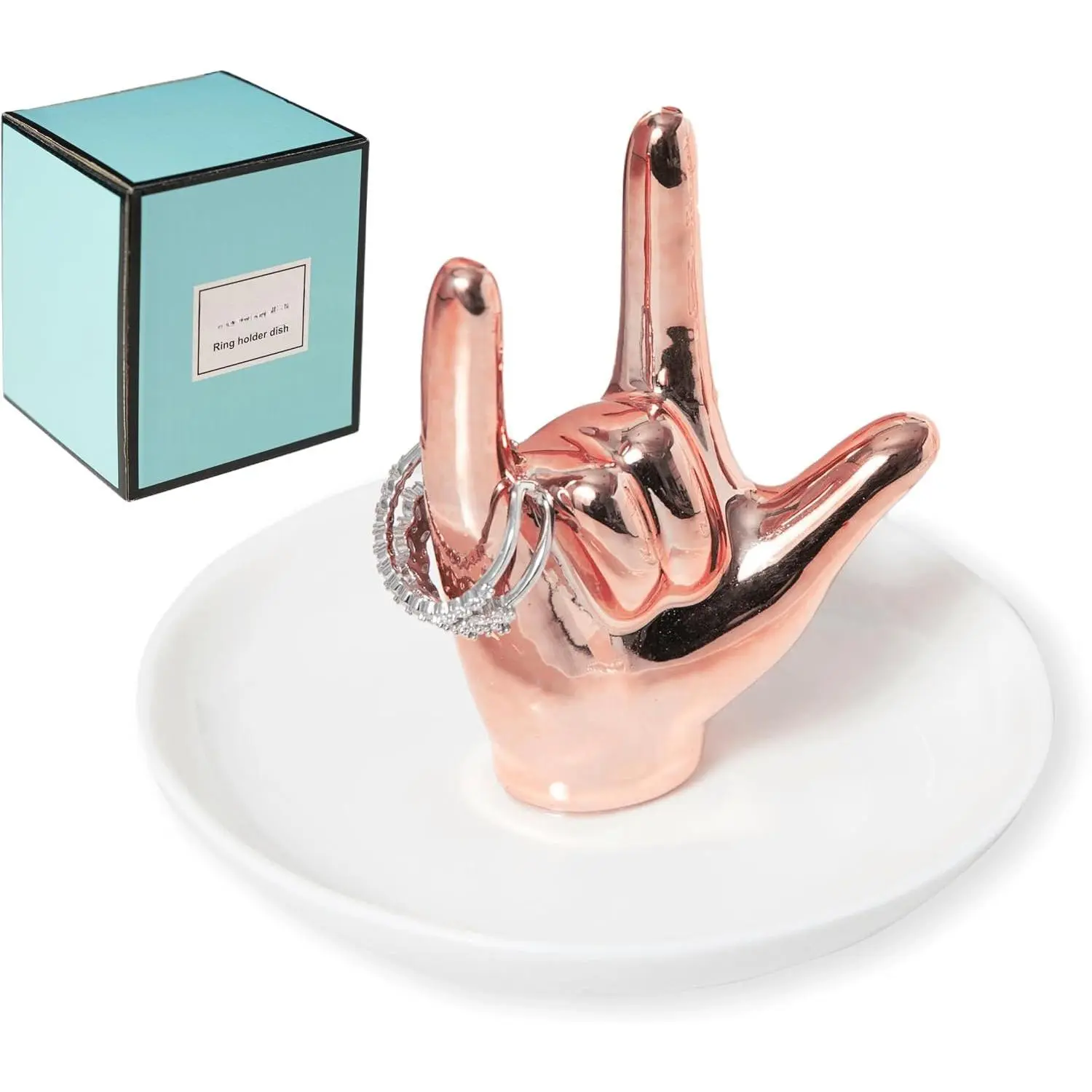 I LOVE YOU Hand Ring Holder - Ceramic  Holder Dish Trinket Tray for Rings, Earrings, Necklace Organizer, Engagement & Wedding Ring Holder, Christmas & Birthday Gifts (Rose )