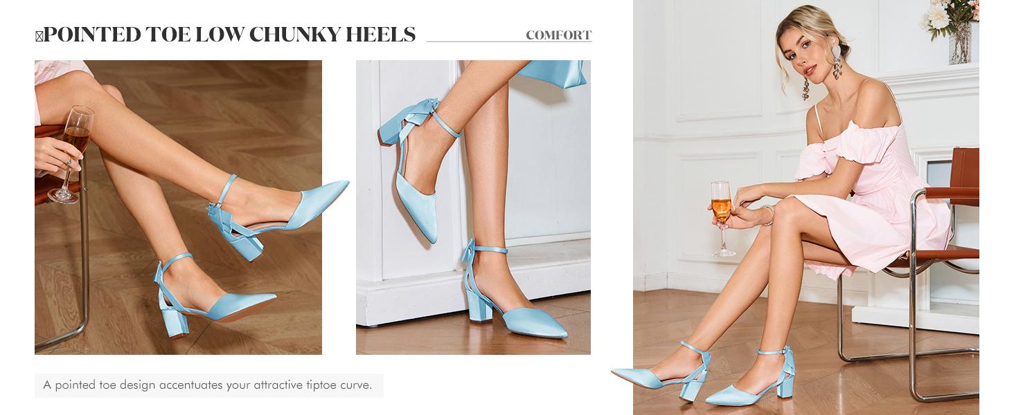 Coutgo Womens Chunky Heels Low Heel Ankle Strap D'Orsay Pumps Closed Pointed Toe Wedding Bridal Shoes