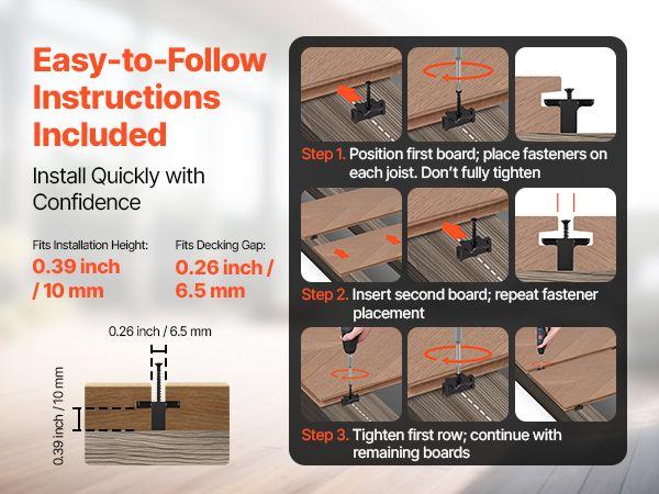 VEVOR 900PCS Hidden Deck Fasteners for Composite Decking Board, Universal Composite T Clips & Plastic Hidden Fasteners with Metal Screws, Polypropylene PP Clips Works with 0.26 inch Gaps, Black