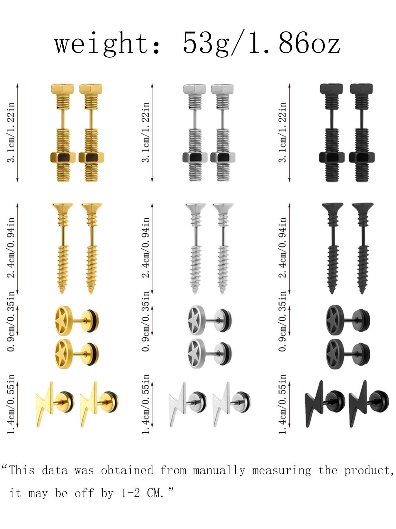 Punk Style Screw & Star & Lightning Design Earrings Set, 12 Pairs Stainless Steel Stud Earrings for Men & Women, Fashion Stainless Steel Jewelry for Party, Exquisite Jewelry for Birthday Gift