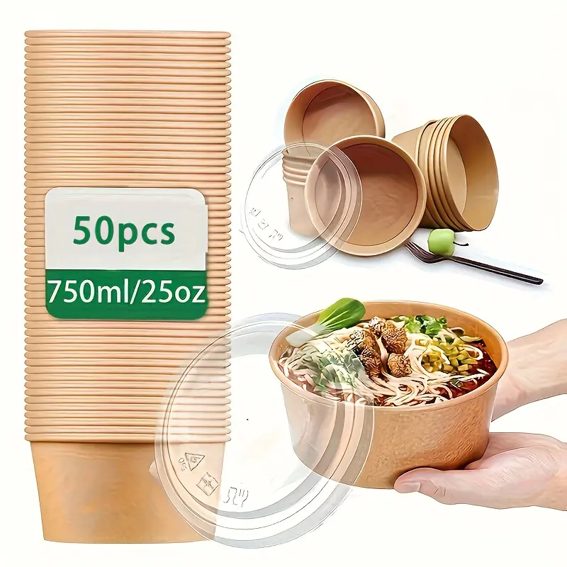 750Ml Paper Bowl with Lid - Pack of 25/50, Disposable Tableware, Suitable for Cold/Hot Food, Soups, Salads - Essential for Parties and Events, Safety Cover, Leak Proof Design, Disposable Containers
