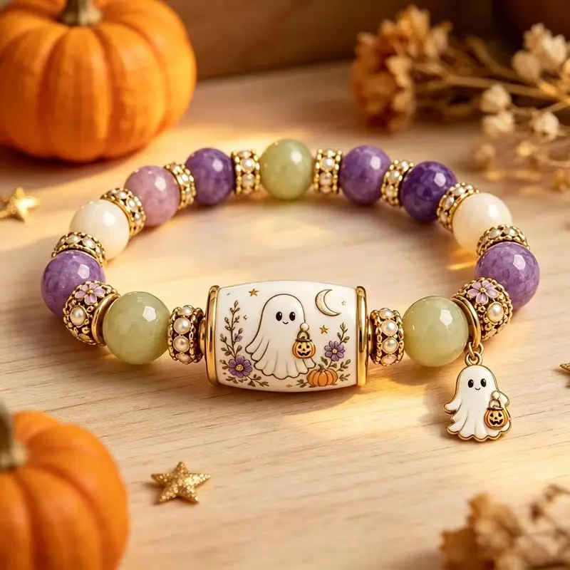1Pc Halloween Ghost & Pumpkin Barrel Bead Charm Bracelet - Beaded Strand Holiday Jewelry Gift Suitable For Women Girls Party Wear