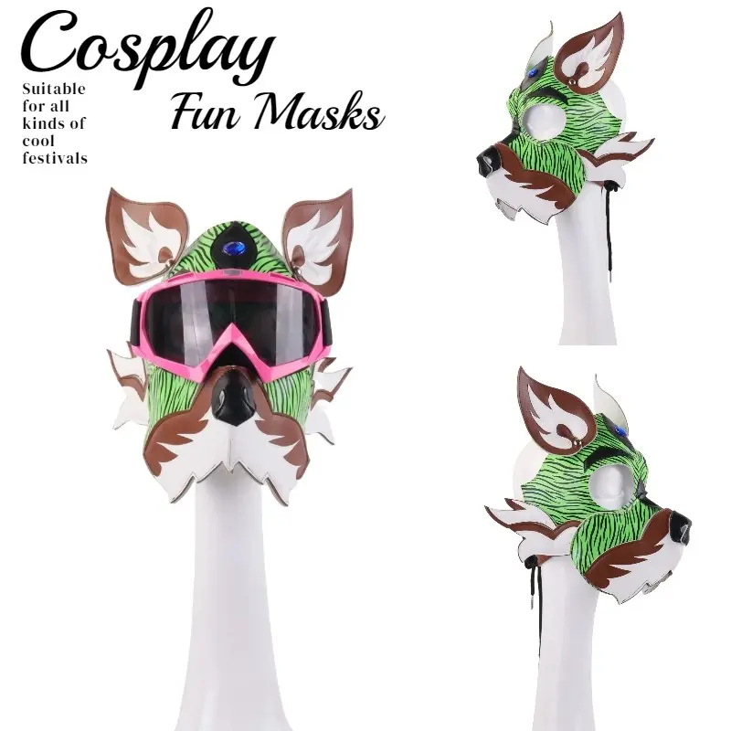 Tiger Stripe Goblin Party Mask, Animal Head Mask, Glossy Surface, 3D Animal Ears, Blue Rhinestones, PU Leather, Cosplay, Theme Parties, Anime Events