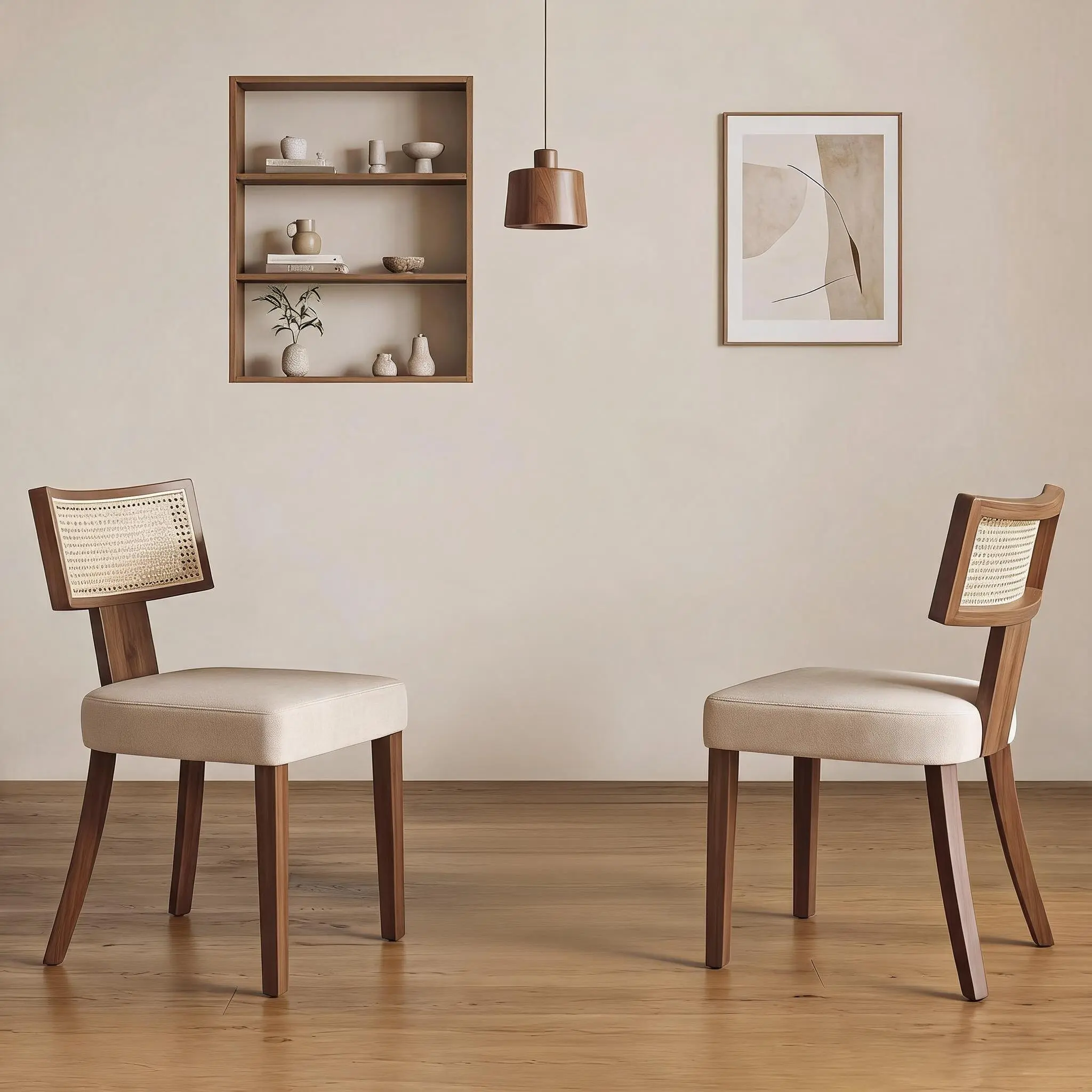 Rattan Dining Chairs Set of 2 - Upholstered Linen Seat, Solid Wood Legs - Farmhouse Style Home for Kitchen, Dining Room - Rustic & Modern Farmhouse Decor 2 Chairs, Rustic Farmhouse Decor