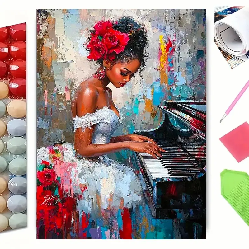 5D Diamond Painting Black Woman Playing Grand Piano with Red Roses, Full Round Drill DIY Diamond Art, Impasto Oil Painting Musical Lady Floral Mosaic Picture, Music Wall Decor Gift