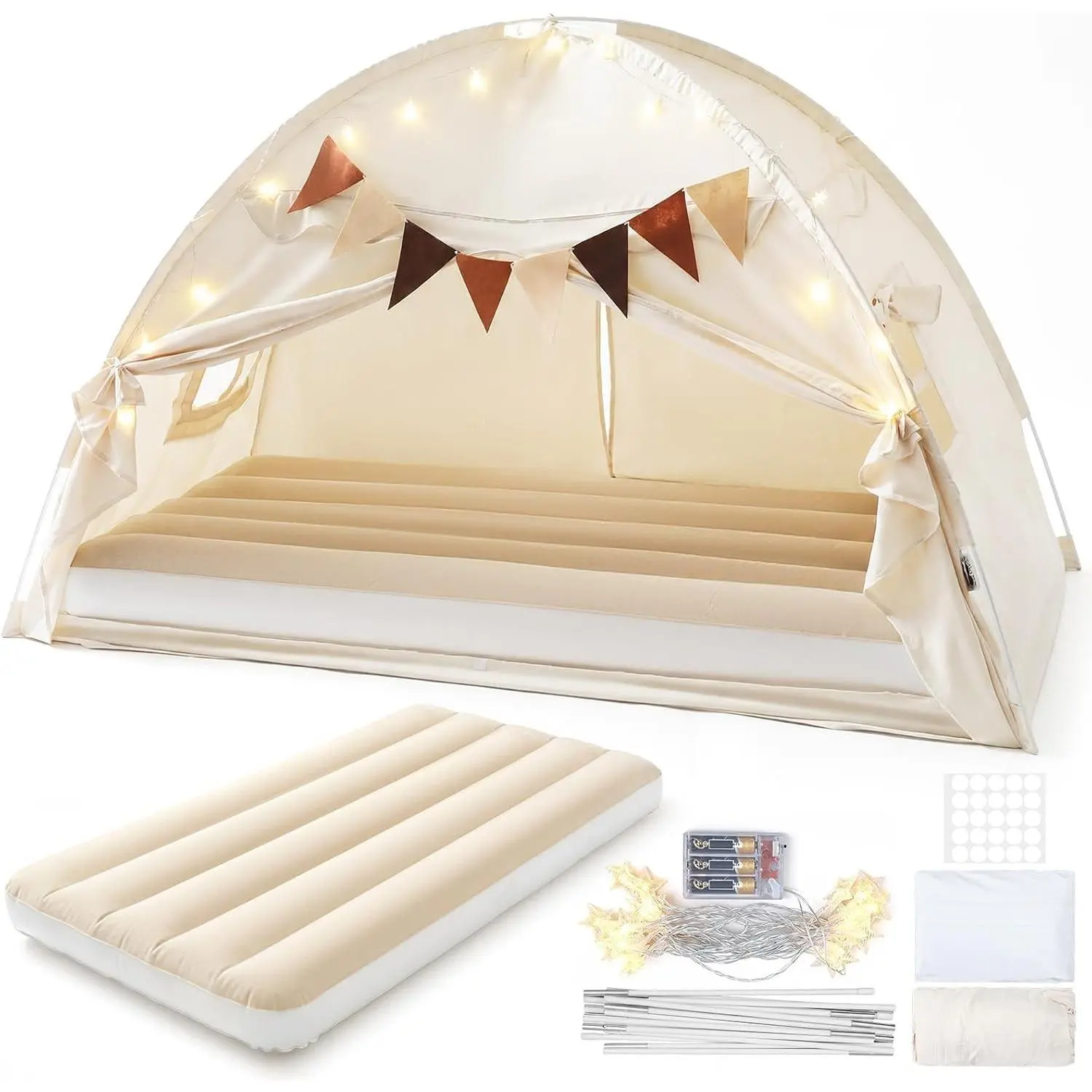 Inflatable Travel Bed with Tent, Portable Air Mattress with Stars Lights & Flags, Ideal for Home, Traveling, Camping, Electric Pump is Not Included