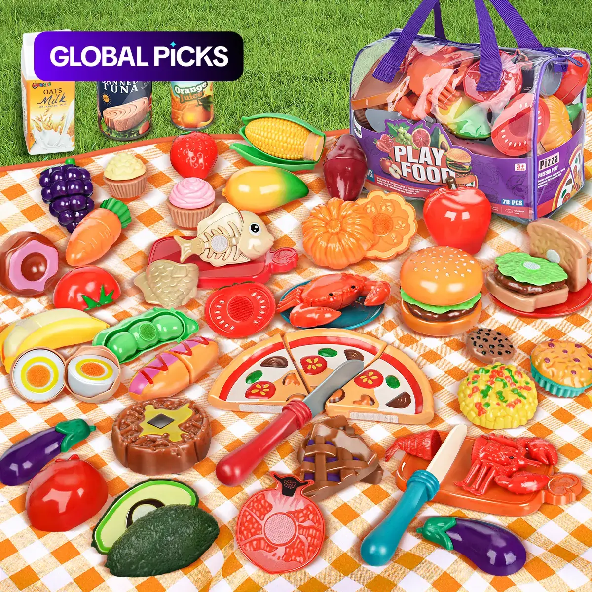 Pretend Play Kitchen Food Toy Set, 78-Piece Play Kitchen Accessories with Cuttable Fruits and Vegetables for Kids #GLOBAL PICKS