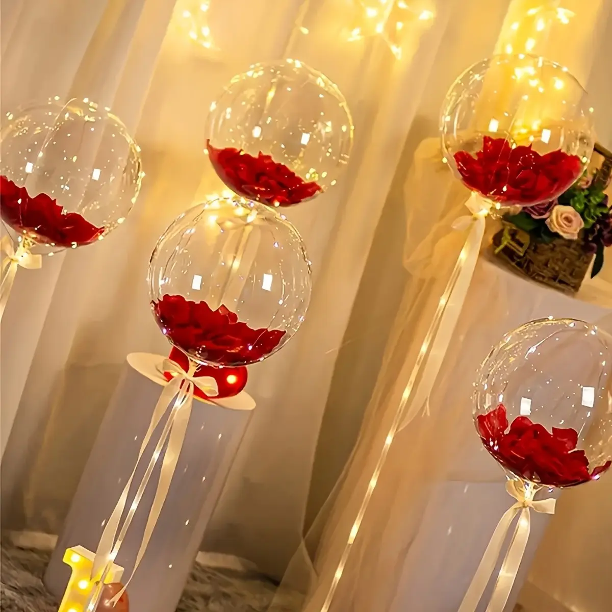 2/5 Piece LED Light String Rose Petal Transparent Balloons, Perfect for Valentine's Day, Birthday Parties, Proposals