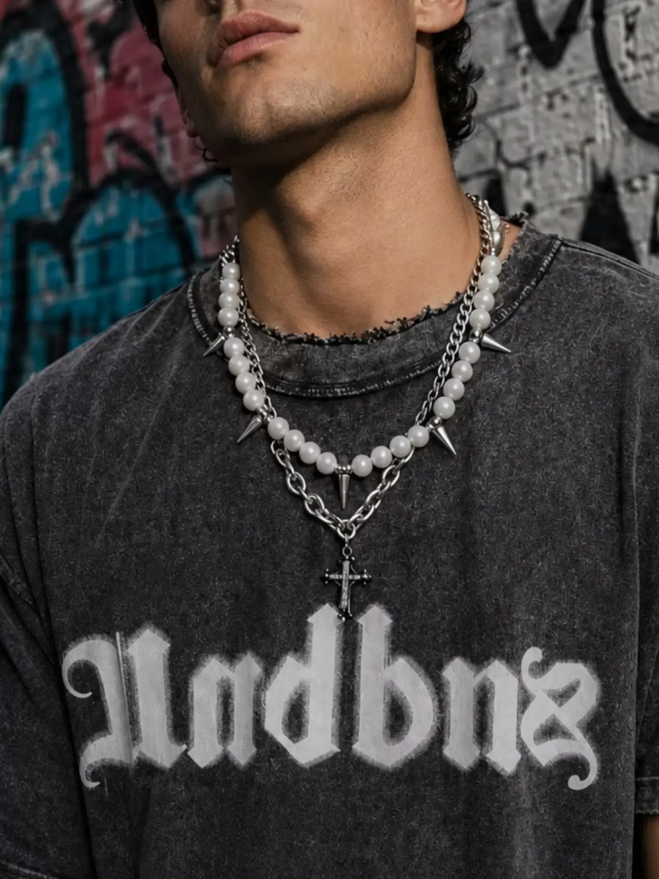 American Punk Pearl Cross Necklace Set, Two-Piece Layered Chain, Unisex Hip Hop Streetwear, Titanium Steel, Casual Jewelry