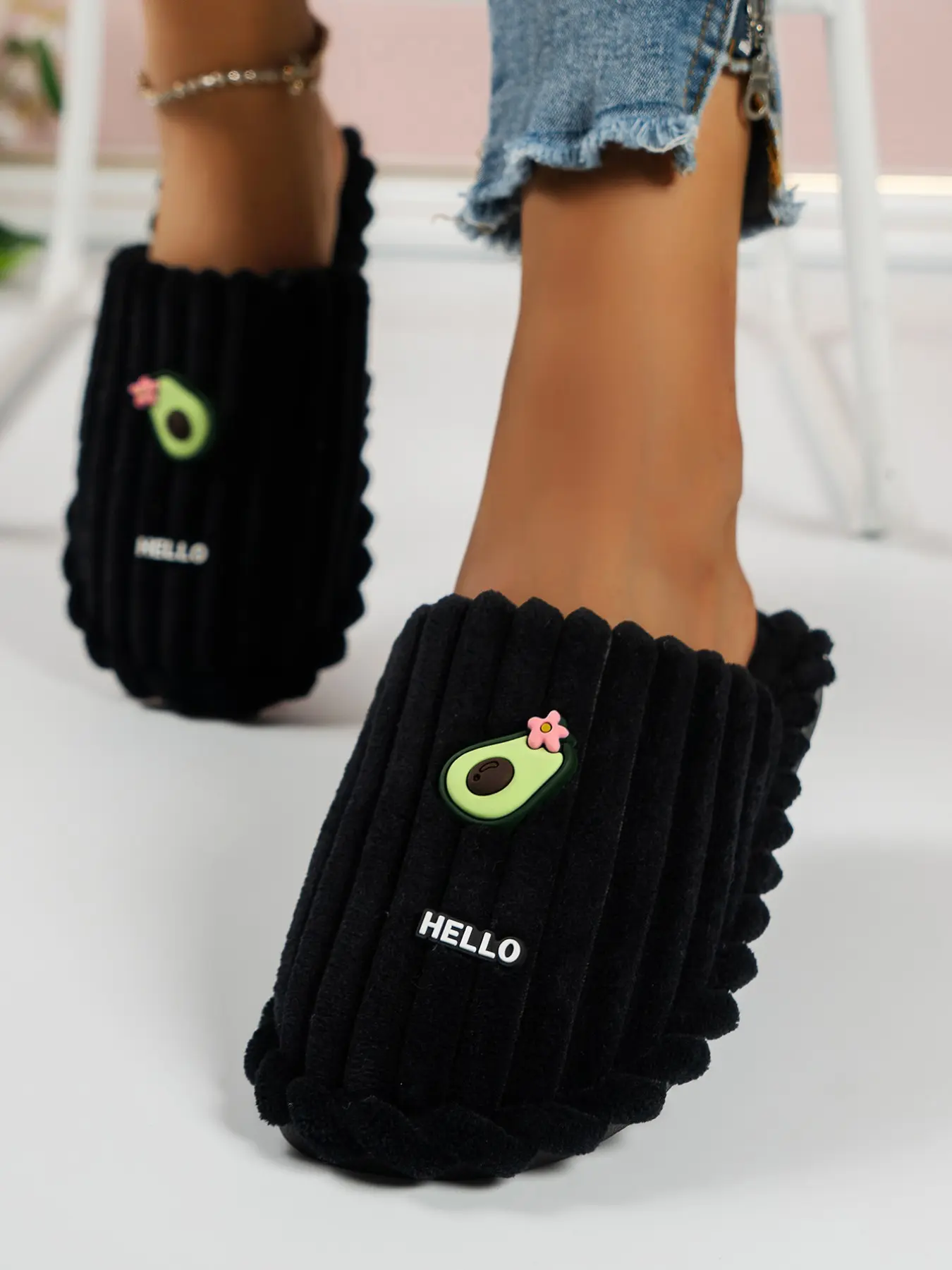 Vertical Stripe Avocado Toe Cotton Slippers for Women, Fall Winter Fuzzy Quiet Home Warm Cartoon Plush Half Slip-Ons
