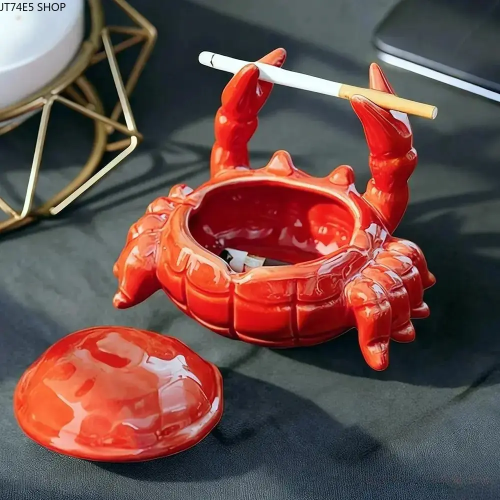 HavenThread Whimsical Crab‑Shaped Ceramic Ashtray with Lid, Windproof 3D Art Desk Ashtray with Cigarette Rest Grooves, Quirky Unique Home Decor & Gift for Smokers