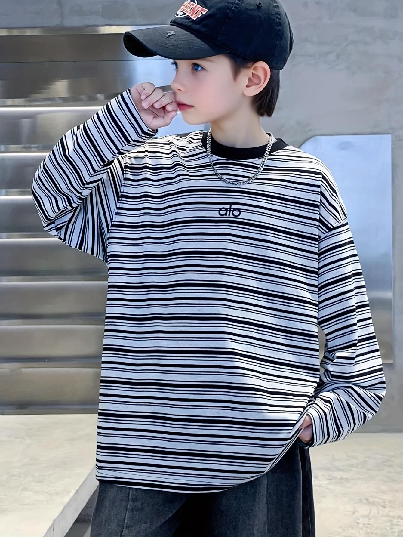 Boys' Oversized White & Black Striped Sweater Jacket - Long Sleeve Round Neck H-Line Tunic, Soft -like Stretch Fabric (No) for Spring/Fall Layering, Casual & Casual Attire - Easy-Care ' Sweater