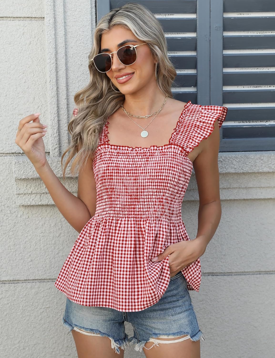 Womens Tank Tops Fashion Summer Ruffle Flying Sleeve Smocked Blouses Square Neck Sleeveless Shirts Babydoll Shirt