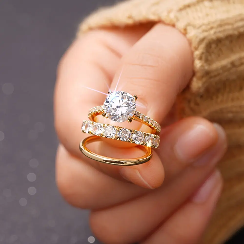Women's Luxury Gold Plated Stackable Ring Set - 3PCS Cubic Zirconia Sparkling Round Stones Rings, Elegant Promise Engagement Wedding Jewelry with Lab-Grown Ruby, Ideal as a Jewelry Gift for Men, Ring Stack, Unisex
