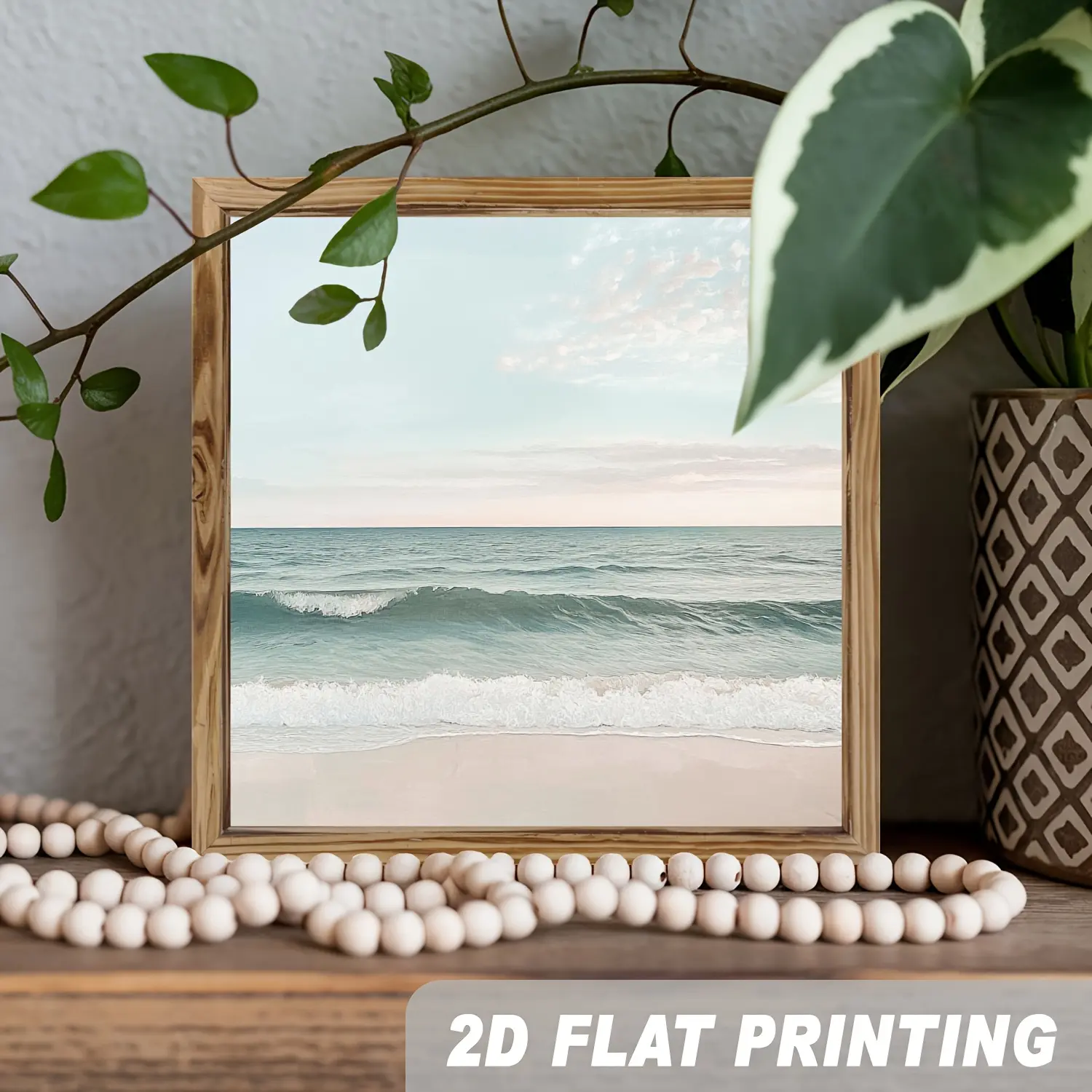 2D Flat, Single Piece of Pastel Ocean Wave Beach Sunset Wall Art - Coastal Decoration Featuring a Gentle Blue And Pinkish-Beige Horizon, Framed in Artificial Wood (8X8 Inches / 20X20Cm) Suitable for Living Room, Bedroom, Bathroom