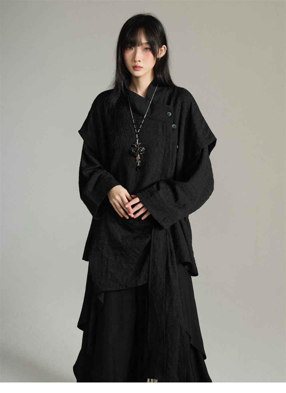 UMI MAO Irregular Lace Up Design Chinese Style Stand Up Collar Shirt Men Women Long Sleeved Shirt Fake Two-piece Top Y2K