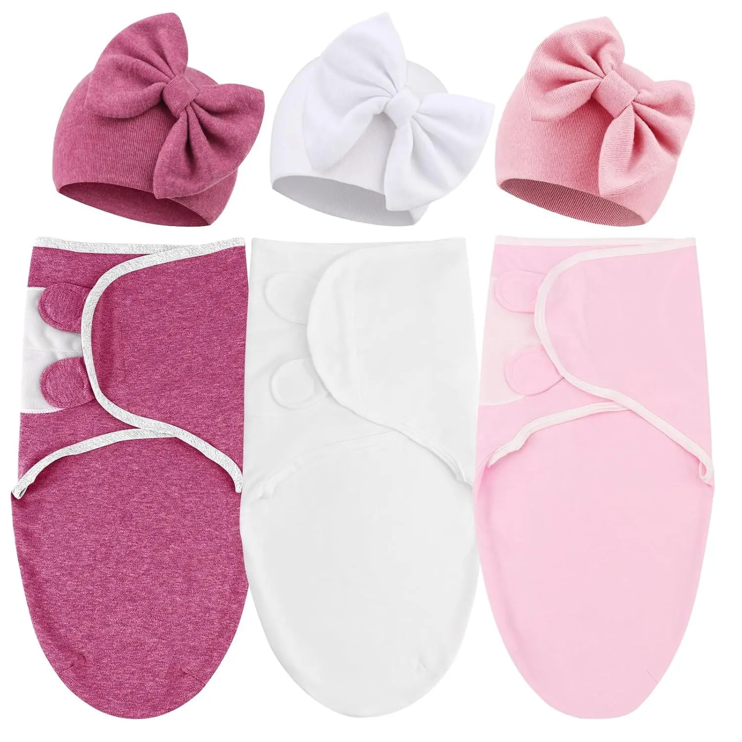 3 Pack Newborn Baby Swaddle Blankets with Hats, Adjustable Velcro Swaddling Wraps with Bear Ears Cap for 6-12 lbs Newborns 0-3 Months Girls Boys(Gift)