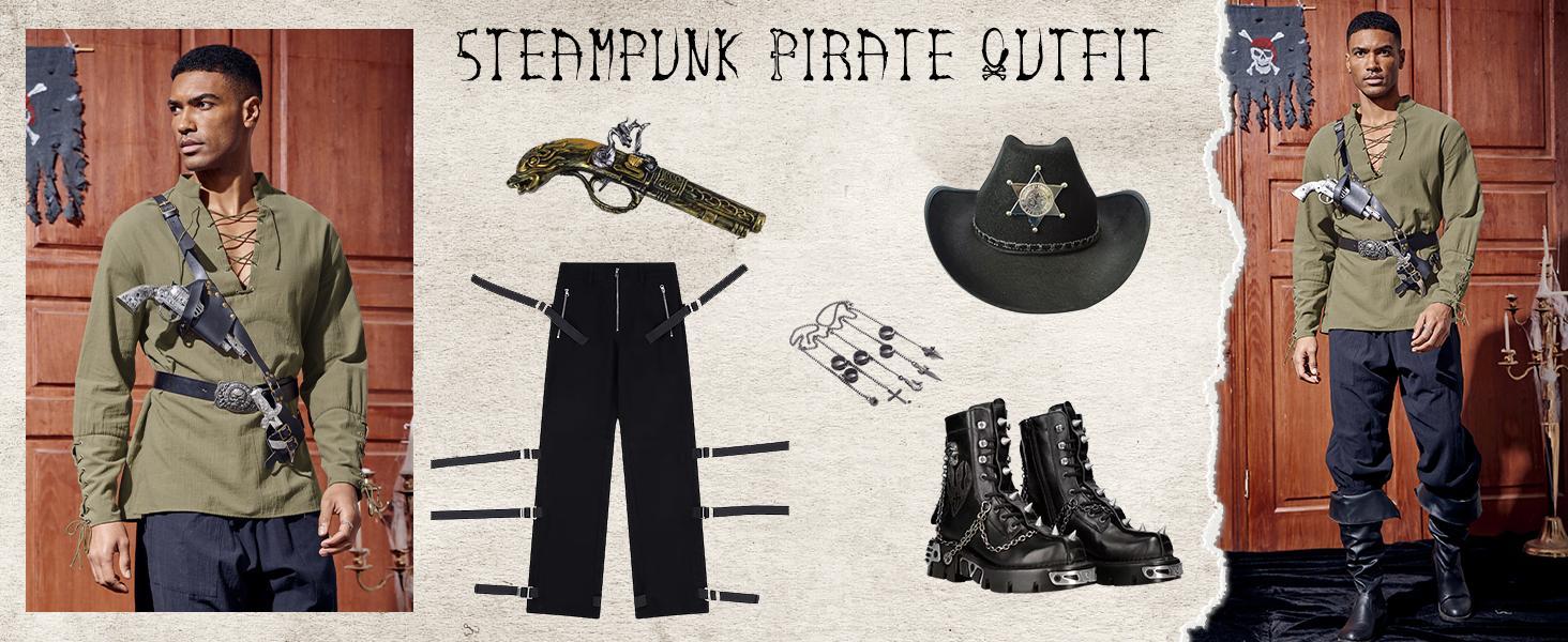 PASLTER Mens Medieval Pirate Shirt Steampunk Renaissance Viking Retro Long Sleeve Lace Up Mercenary Halloween Costume Tops Menswear Clothing