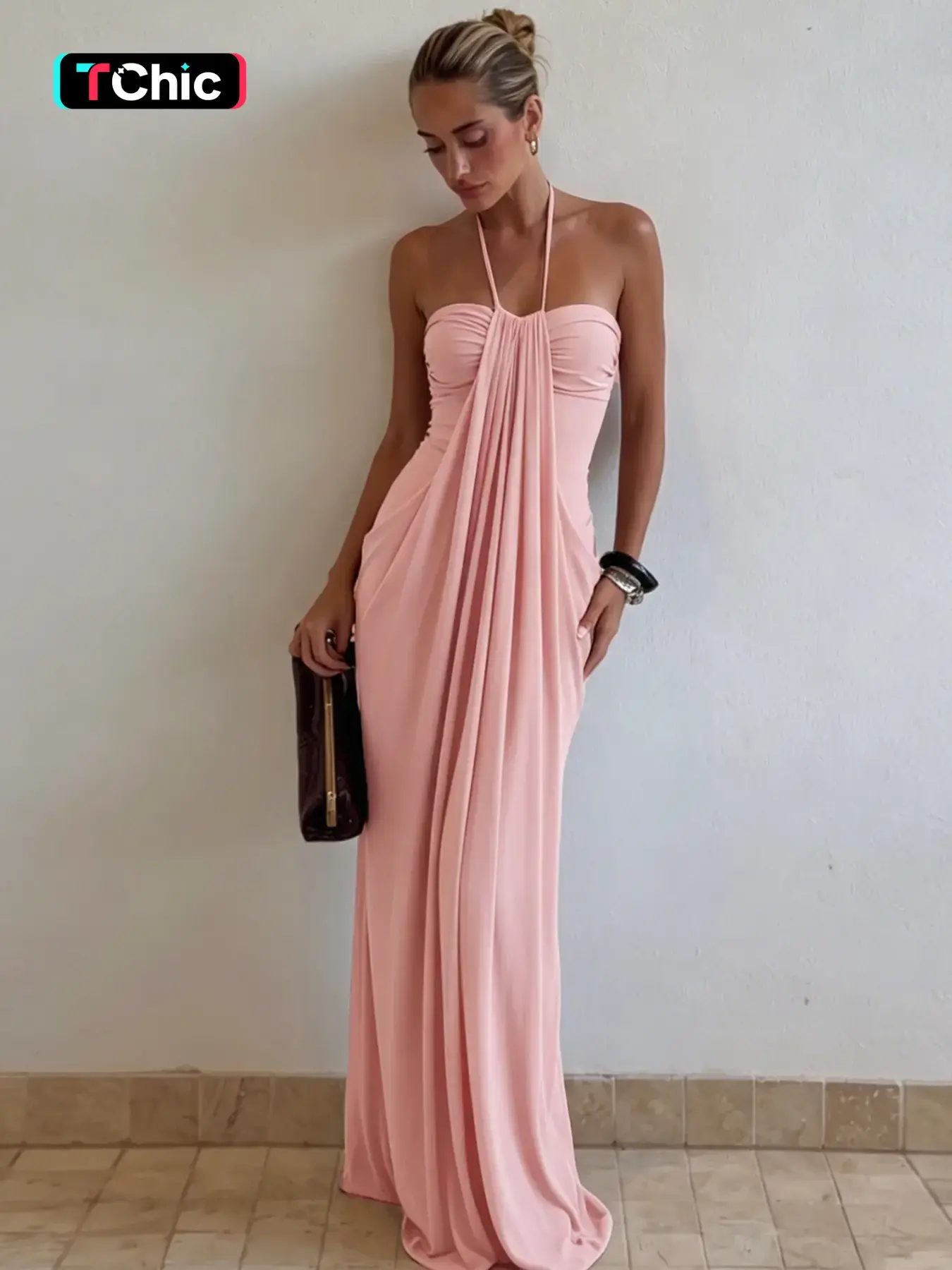 Women's Solid Color Ruched Bodycon Halter Dress, Sexy Sleeveless Strapless Backless Plicated Slim Fit Tube Dress, Party Club Date Evening Gown Formal Dress, Elegant Casual Daily Maxi Long Dresses For Ladies All Seasons Summer Fashion Clothes Wear