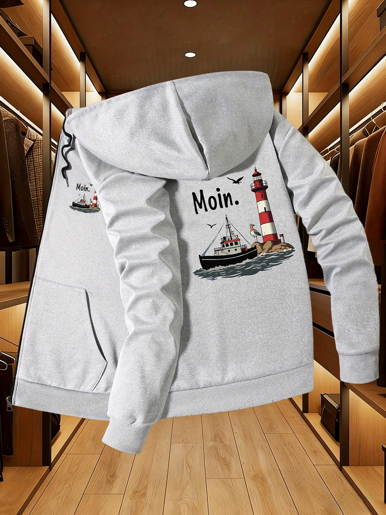 Men's Fashion Hooded Jacket, Lighthouse Seagull Print, Casual Outerwear, Side Pockets, Slim Fit, Fall Winter Sports Coat