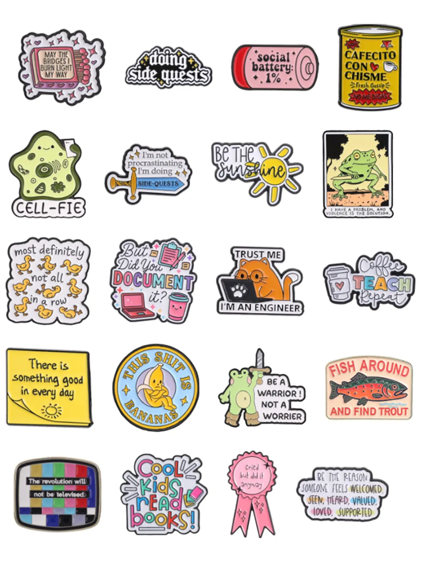 Mixed 20 Styles Funny Quote Enamel Pin Set, Enamel Lapel Pins, Game It Spanish Healing Cartoon Metal Brooch, Stress Relief Creative Gift for Young People