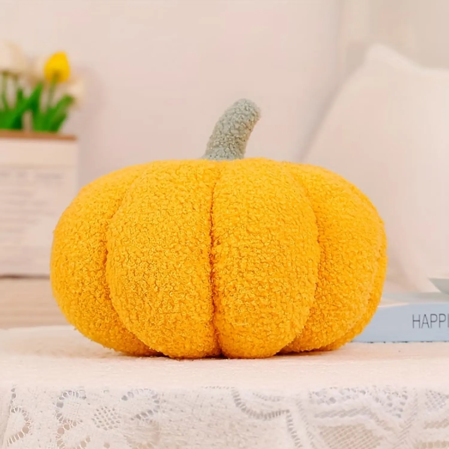 3D Fluffy Pumpkin Plush Toy, Soft Stuffed Pumpkin Decorative Cushion, Seasonal Home Ornament, Halloween Thanksgiving Fall Decor