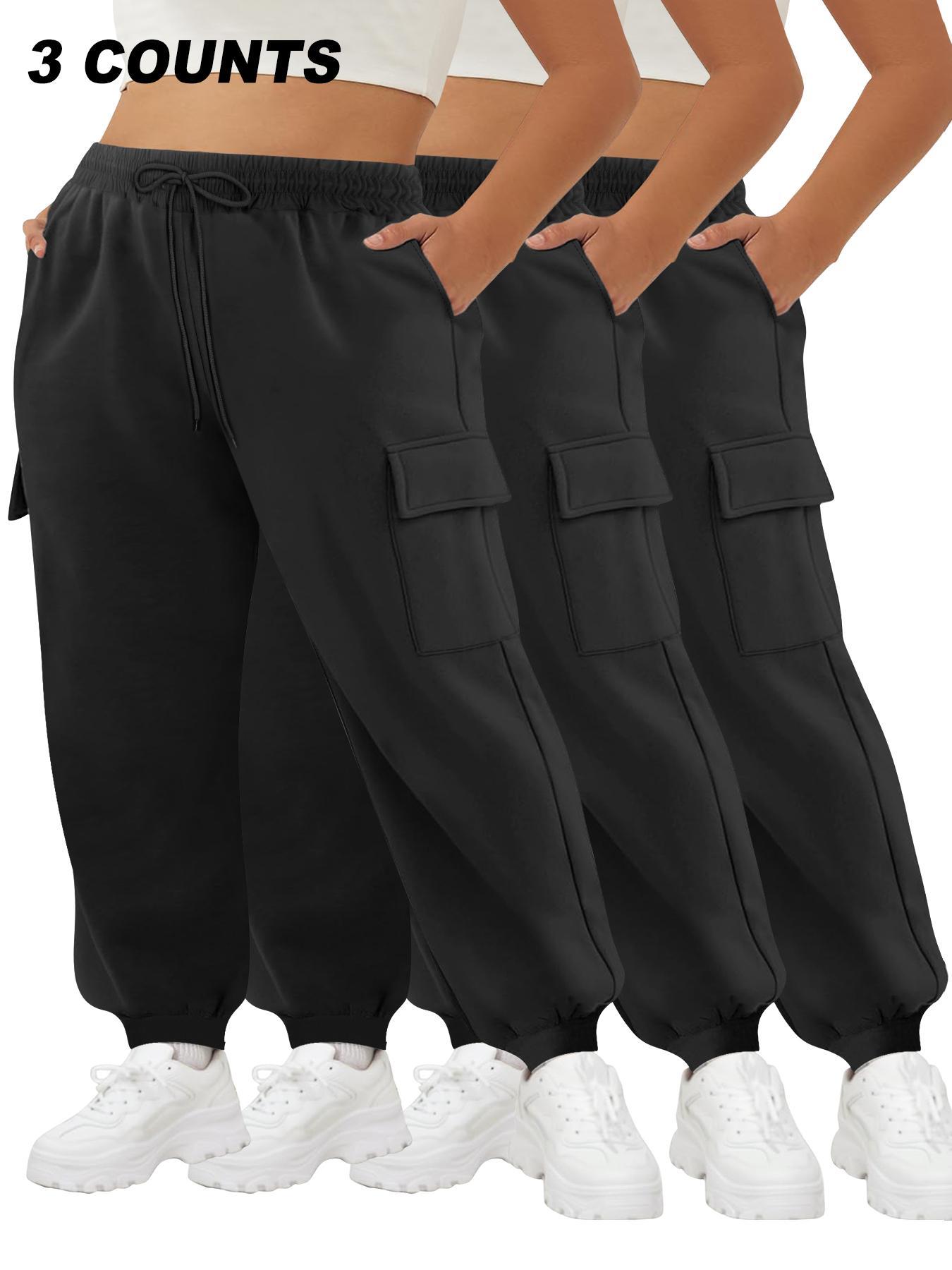 【Plus Size】 Solid Cargo Pants, Casual Comfortable High Stretch Cargo Pants for Daily Wear, Women's Bottoms for All Seasons, Casual Comfy Trousers, Casual Loose Pocket