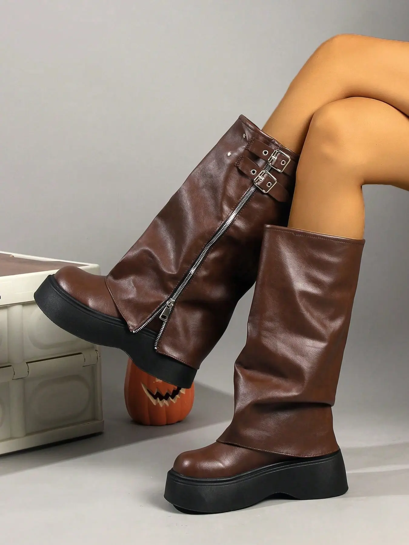 2026 New Arrival, Retro Sweet Cool Motorcycle Style, Two Colors Available, Side Double Buckle Zipper Ruched Slouchy Mid Calf Leather Boots, Soft Delicate Leather Forms Natural Wrinkled Slouchy Shaft, Full Side Zipper With Double Metal Buckles To Adjust Sh