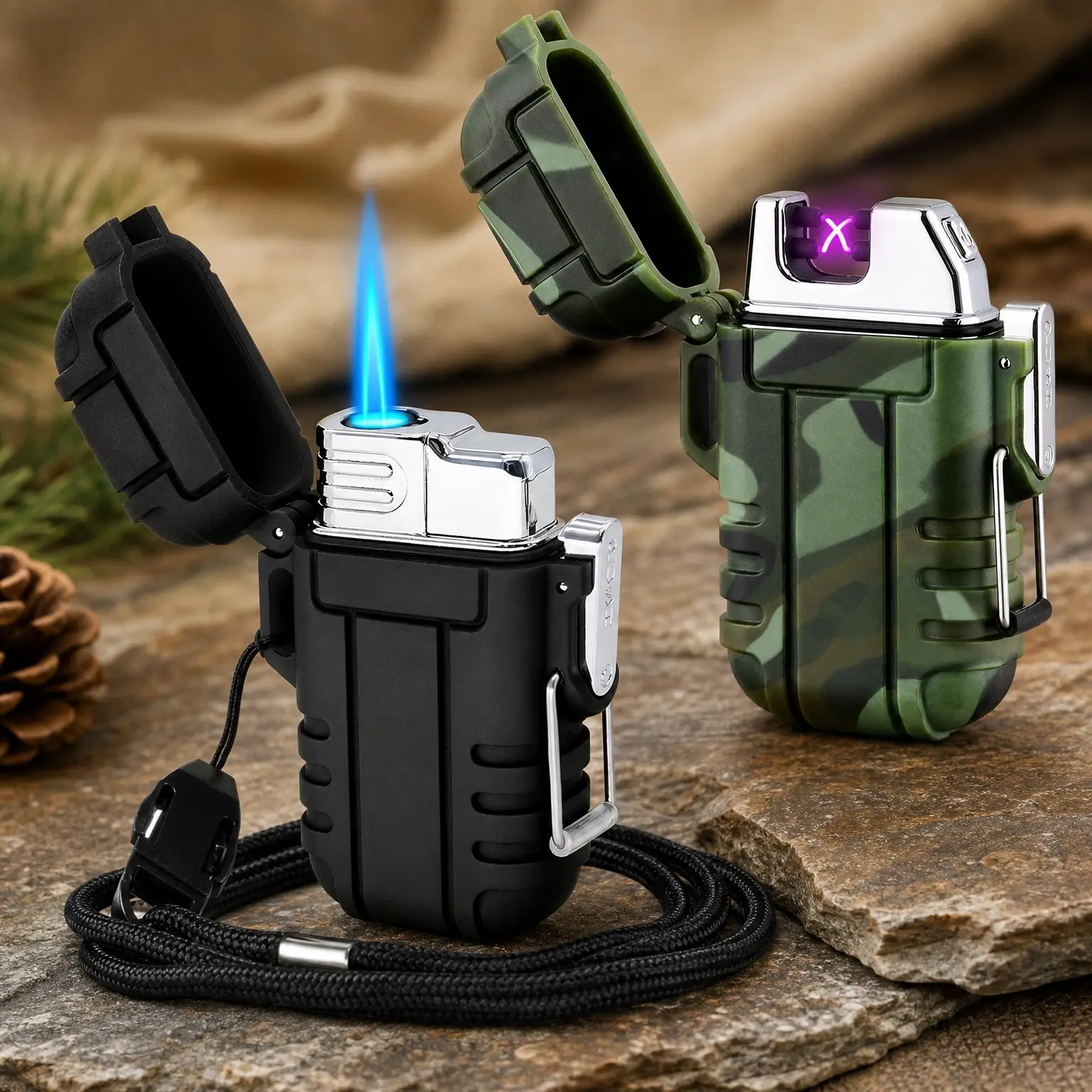 2 Pack Waterproof Outdoor Windproof Lighter - Dual Arc Plasma USB Rechargeable Flameless Electric Lighters for Camping, Hiking, Adventure, Survival Tactical Gear