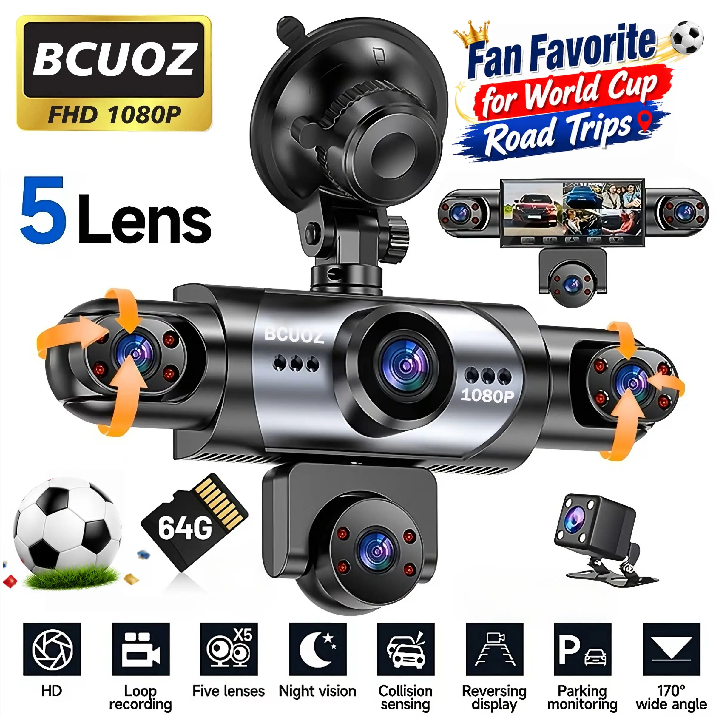 Five-Direction Car Dash Cam, HD Dash Cam, Dashcams For Cars, Front 1080P, Left/right/back 720p, LED Display, Button Control, Rechargeable Battery, Night Vision, Loop Recording