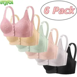 6 Pack Front Closure Wireless Lace Bras for Women, Easy On Off No Wire Side Smoothing Bra with Adjustable Straps, Breathable Floral Fixed Cup Comfort Bralette,Lingerie Thin Cotton Fixed Cups Soft Everyday Undergarment Various sports,Summerwins
