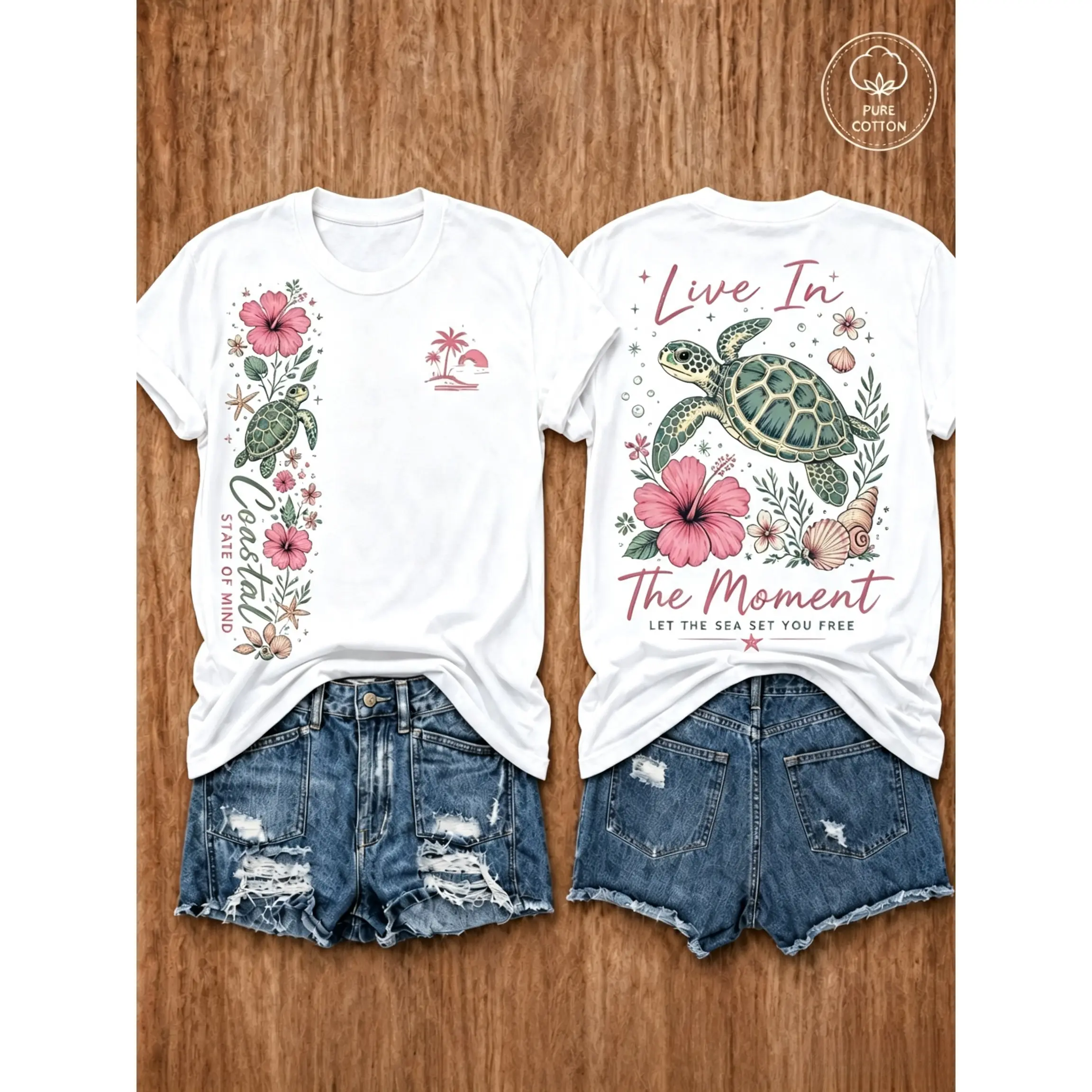 Women's Oversized Graphic T-Shirt, Breathable Pure Cotton Top with Sea Turtle & Floral Vine Back Print for Summer Vacation, Oversized Tshirt Women, Crew Neck