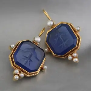 Intaglio Jewelry, Blue Earrings, Antique Victorian Style Jewelry, Wedding Earring, Personalized Gifts for Her, Gift for Mom
