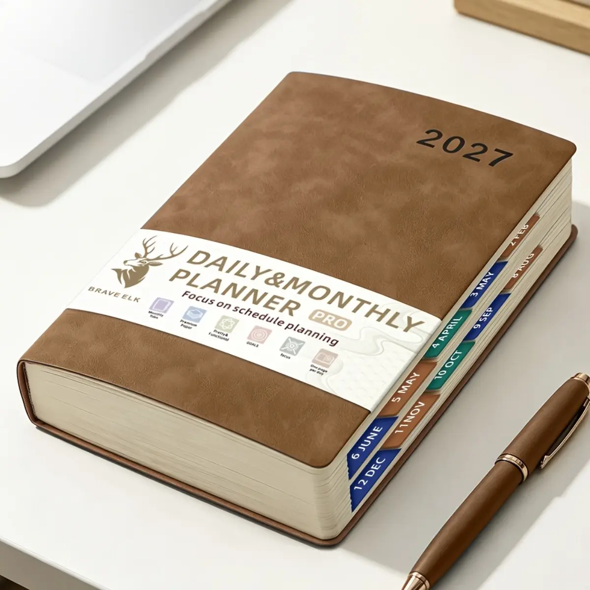 2027 Daily Weekly Yearly Planner A5 Hardcover 400 Pages Agenda Notebook with Ribbon Bookmark Color Index Tabs Soft Faux Leather Cover Flat Lay Binding Portable Organizer Journal Grid Notebook for School Office Personal Planning