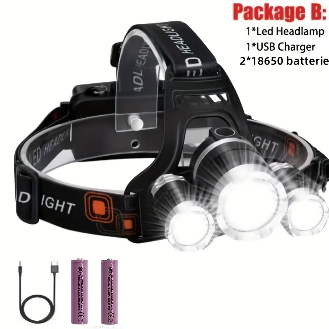 1 Super Bright Rechargeable LED Headlamp, Headlight with Ultra-Long Battery Life, Multifunctional, 4 Light Modes, Comes with 2 18650 Batteries for Ultra-Long Battery Life, Suitable for Camping, Work, Fishing, Mining, Halloween And Christmas Gifts