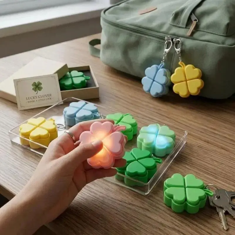 Fidget Keychain LED Light Up Clover Charm PP Plastic Stress Relief Anxiety Toy for Kids Teens Adults Backpack Purse Decor Gifts